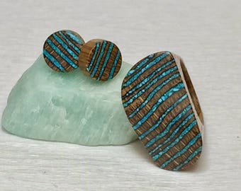 Unique Hand made Jewelry Set, wooden ring, Gift for her, Wooden jewelry, wooden earrings, hand carved ring, stud earrings
