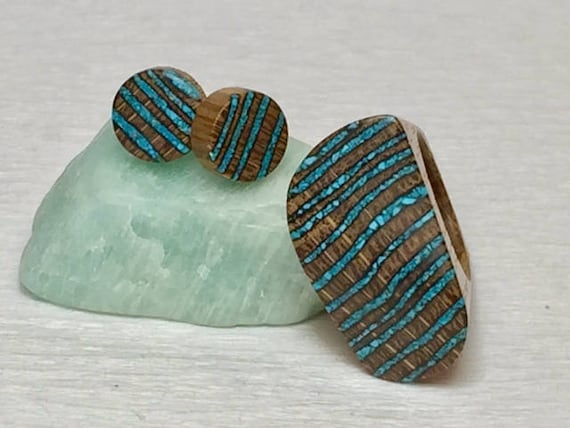 Unique Hand made Jewelry Set, wooden ring, Gift for her, Wooden jewelry, wooden earrings, hand carved ring, stud earrings