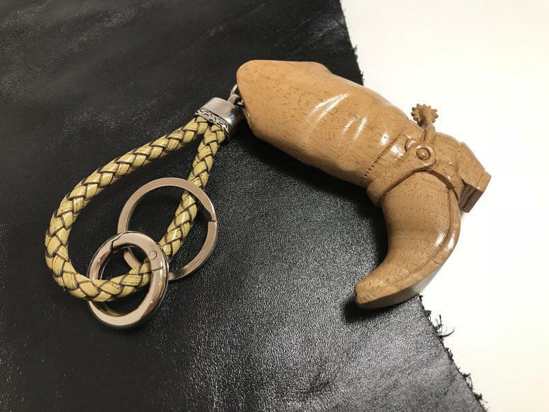 Hand Carved Wooden Pendant, Key Chain Boot with a Spur, Husband Birthday present, Unique gift for him, Leather Key chain, Wooden statues image 3