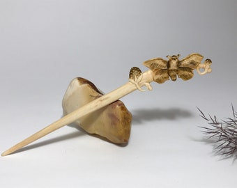 Hand carved bone hair stick, Bone hair pin, One prong hair stick, Bone hair fork, Butterfly, Bone Barrette, Bun holder
