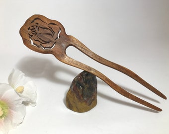 Hand Carved Wooden Hair Fork "Rose", Wooden hair fork, Two prong hair fork, Unique hair fork, Bun holder, Wooden hair pin, Wooden hair pick