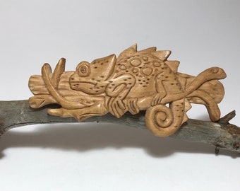 Hand Carved Wooden Hair Barrette Automatic " Chameleon", Wooden barrette, Bun holder, Wooden hair accessories, Hair barrette