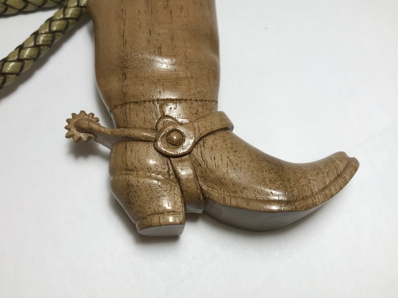 Hand Carved Wooden Pendant, Key Chain Boot with a Spur, Husband Birthday present, Unique gift for him, Leather Key chain, Wooden statues image 2