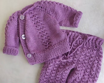 Knitted suit for baby. Homemade baby jacket. Hand knit pants. Trousers for toddler. Baby outfit