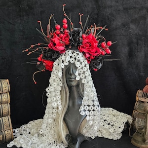 Black and Red Forest Fairy Crown Halo, deer headpiece, flower deer crown, antlers flower, Deer Crown, halloween costume, horns headpiece