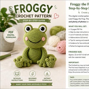May include: A digital crochet pattern for a green frog toy, featuring a step-by-step guide, PDF download icon, and text including Froggy Crochet Pattern. The image displays a finished green crocheted frog with large eyes and pink cheeks.