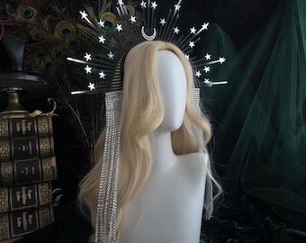 Svart silvermåne och stjärnor Halo-krona, juloutfit Tiara