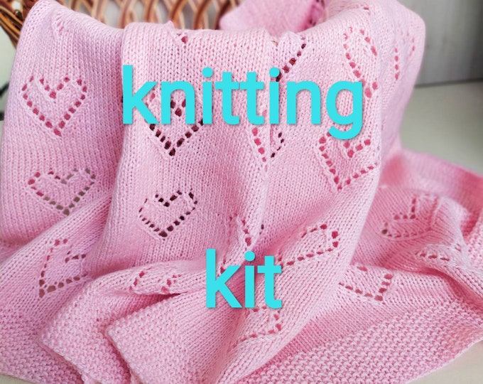 Baby blanket knitting kit. Knitted blanket kit. Knitting kit. Knit kit. Baby blanket with hearts pattern. Do it yourself