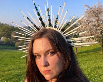 White Halo Crown, Turquoise Bead Sunburst Headpiece