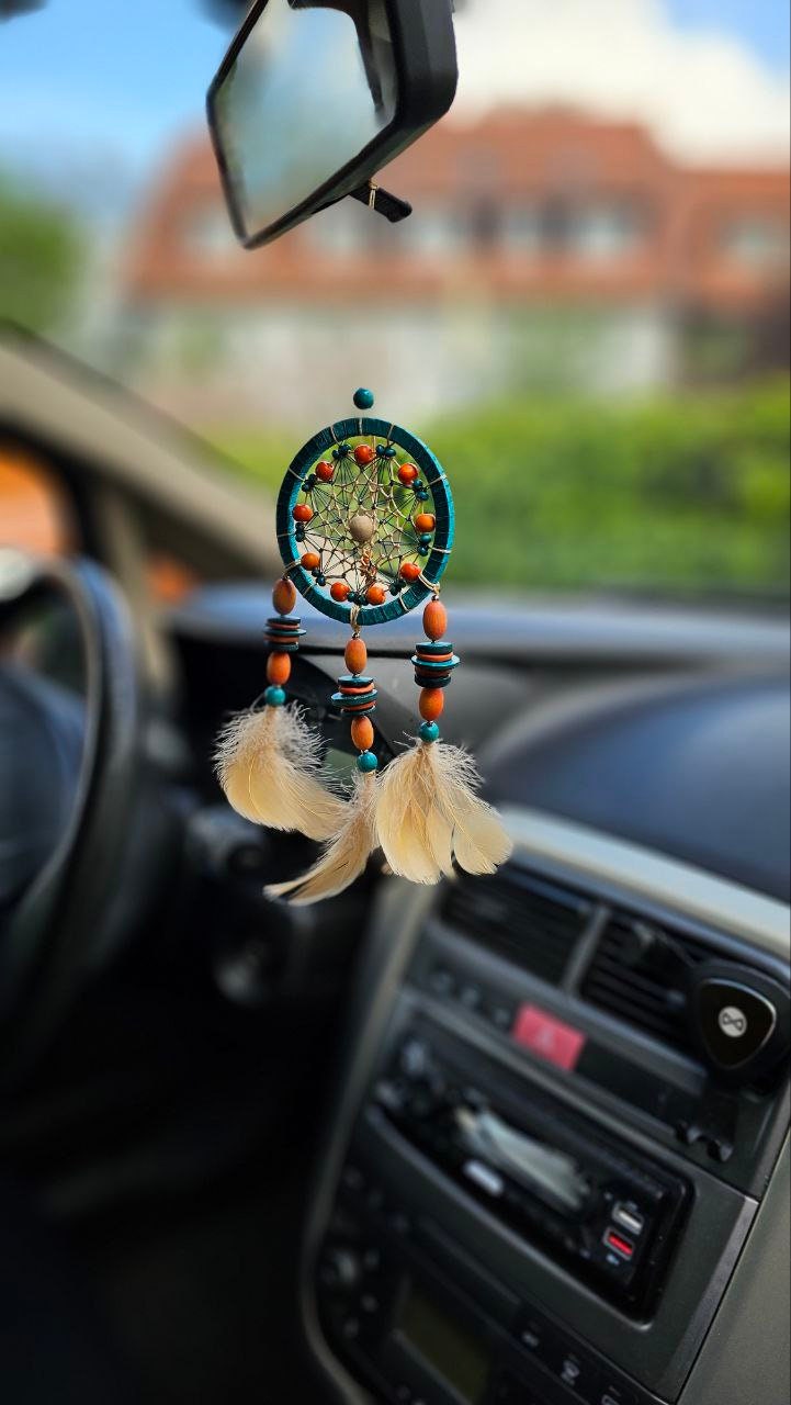 Car Rear View Mirror Dream Catcher Charm. Small Turquoise With Orange