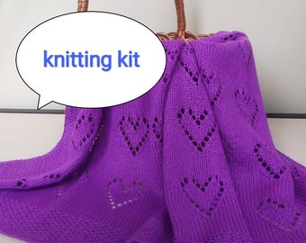Baby blanket kit/Knitting kit. Knit kit. Baby blanket with hearts pattern. Do it yourself