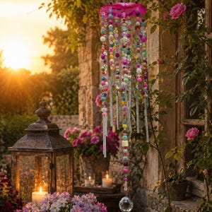 Könnte beinhalten: Ein Windspiel mit einem kreisförmigen rosa Oberteil, mehreren Strängen aus bunten Perlen in verschiedenen Formen und Größen sowie mehreren silbernen Metallröhren. Eine klare Kristallkugel hängt am unteren Ende des mittleren Perlenstrangs.