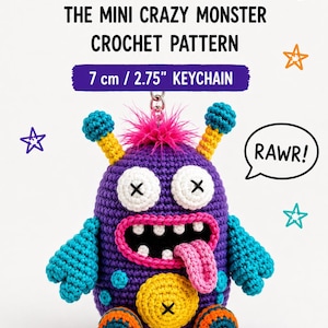 May include: A purple crochet monster keychain with teal arms, a yellow belly, and a pink tuft of hair. It features white eyes with black X pupils, a black mouth with white teeth, and a pink tongue. Text reads SILLY WOBBLES, 7 cm / 2.75" KEYCHAIN, RAWR!