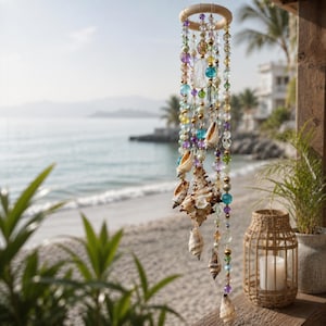 Può includere: Un carillon decorativo con un anello di legno e fili di perline colorate, conchiglie e cristalli. Il carillon è appeso davanti a una scena di spiaggia con una lanterna e una pianta in vaso.