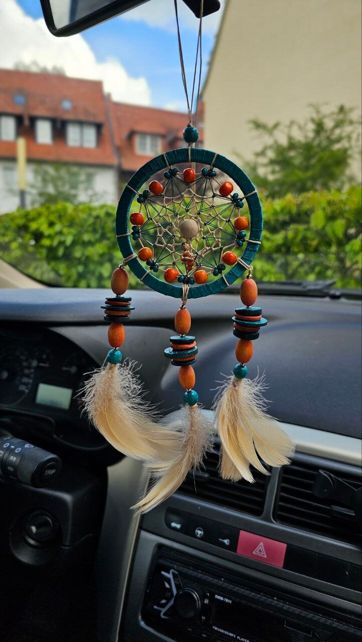 Car Rear View Mirror Dream Catcher Charm. Small Turquoise With Orange