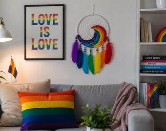 Atrapasueños de plumas de arcoíris / Decoración de pared bohemia del orgullo