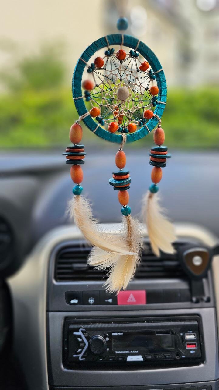 Car Rear View Mirror Dream Catcher Charm. Small Turquoise With Orange