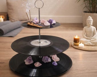 Upcycled Vinyl Record Tier Stand | Handmade Vintage Etagere | Sustainable Retro Decor for Cupcakes & Home