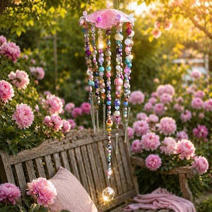 Puede incluir: Un carillón de viento colgante con una parte superior circular rosa y múltiples hilos de cuentas multicolores en tonos rosa, azul, morado y dorado. Los hilos incluyen detalles de vidrio transparente y pequeñas campanillas metálicas, terminando en una esfera de cristal.