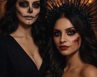 Handgjord svart gotisk krona, rosor och dödskallar, Halloweendrottning