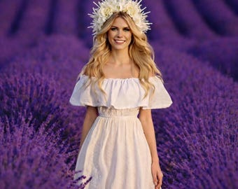 Corona de hada del bosque blanco con halo y tocado de cuernos de ciervo