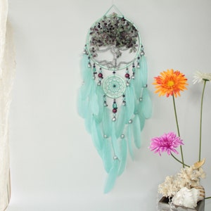 Mint dreamcatcher with tree of life with gemstone fluorite, mint tree of life, teal bedroom decor, Turquoise home decor, free shipping USA