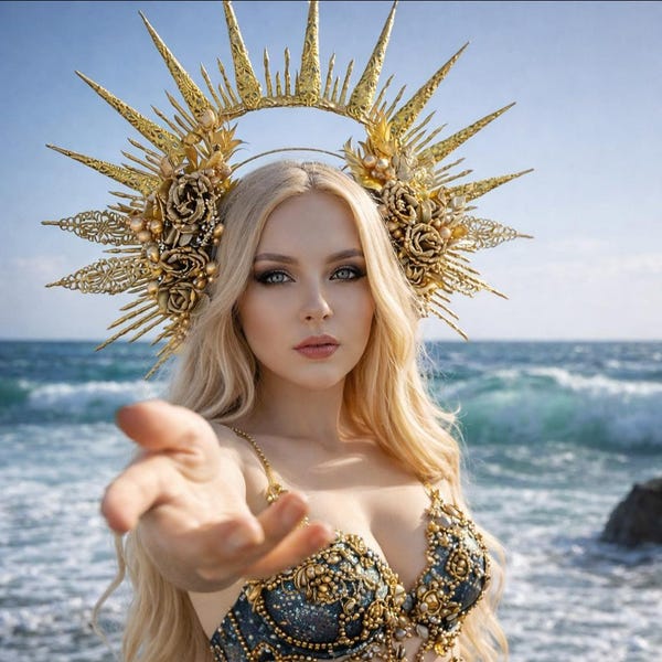 Large Gold Sun Halo Crown, Bridal Headpiece