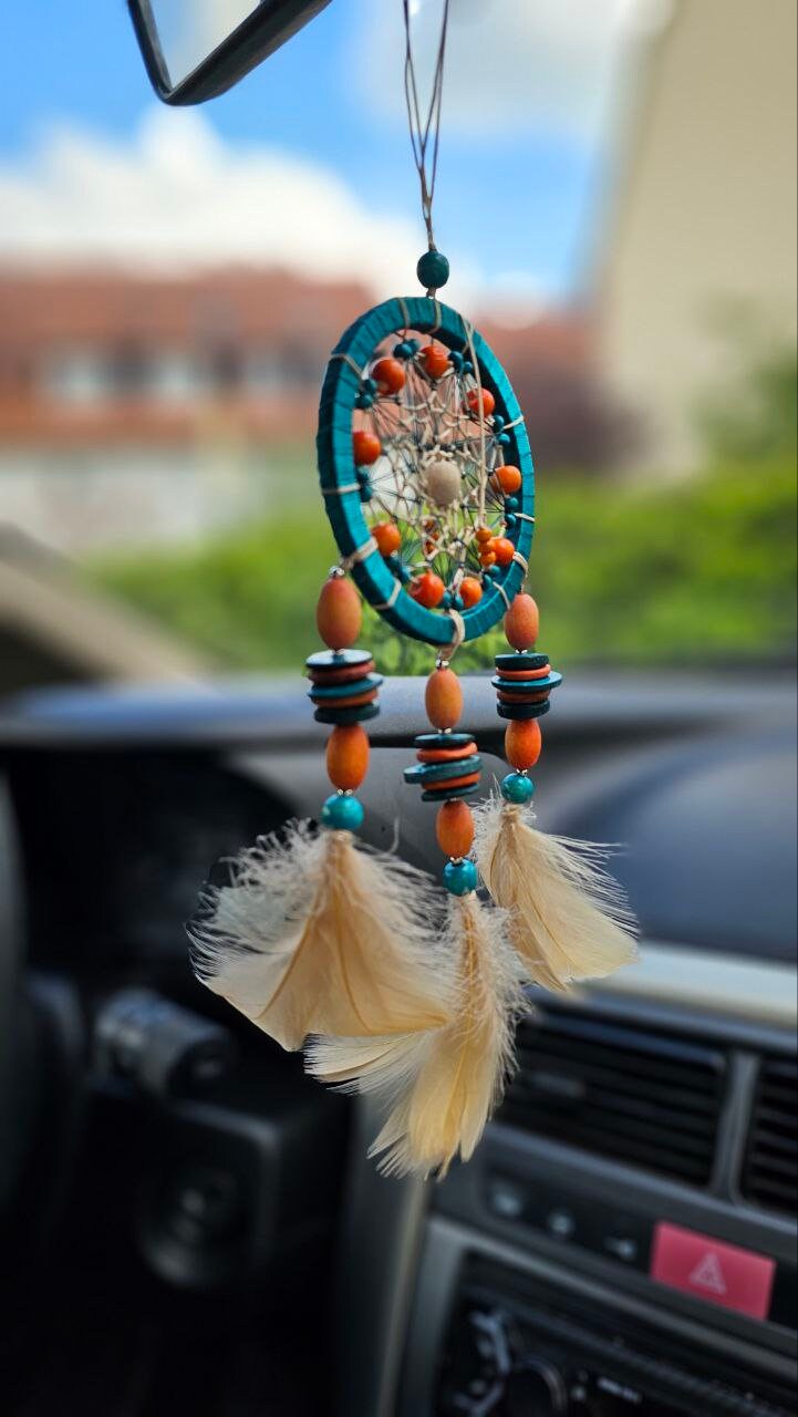 Car Rear View Mirror Dream Catcher Charm. Small Turquoise With Orange