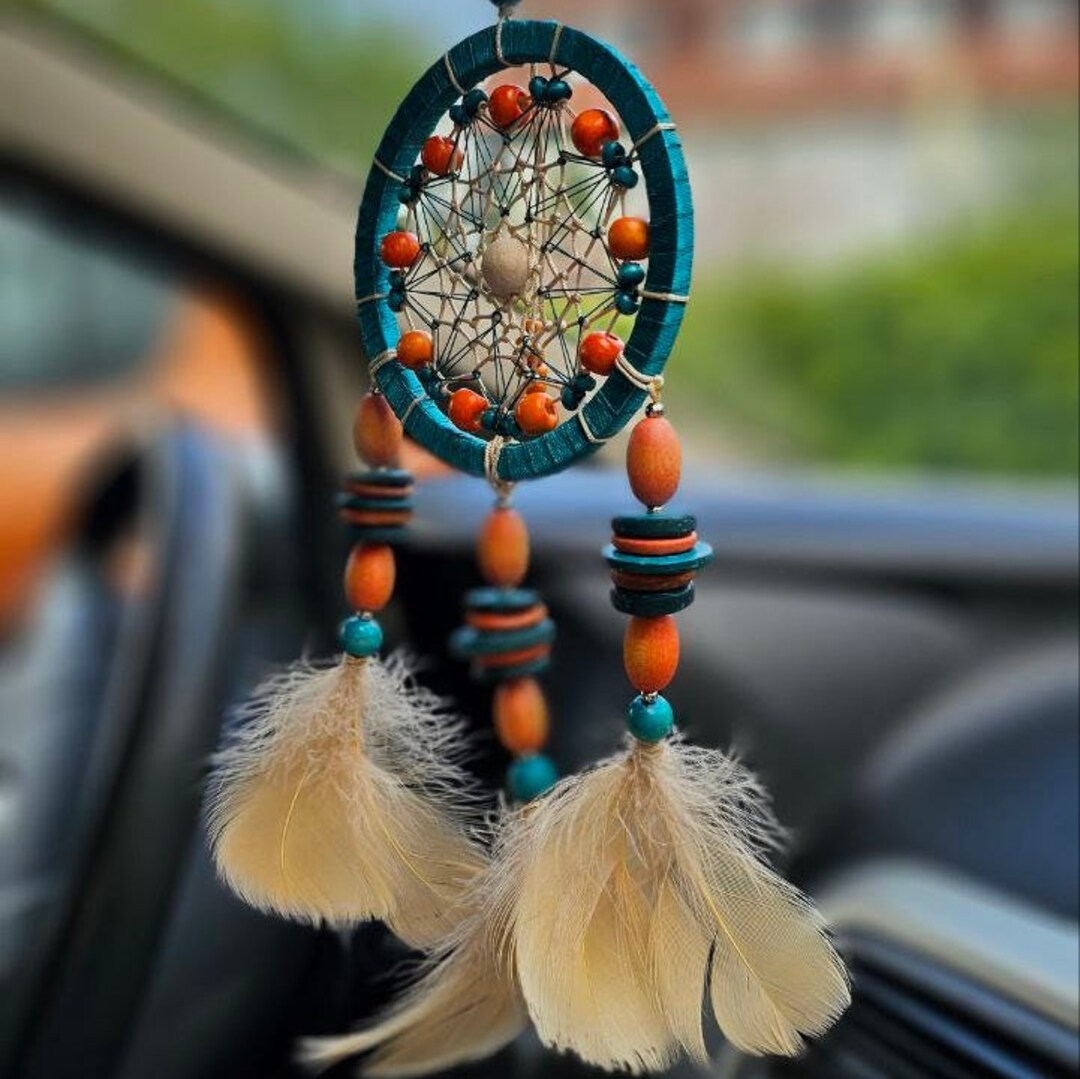 Car Rear View Mirror Dream Catcher Charm. Small Turquoise With Orange