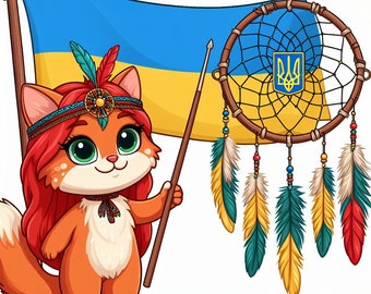 Ukraińska kolorowanka dla dzieci: kot i łapacz snów (do druku w formacie PDF)