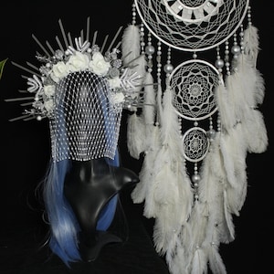 White wedding Crown veil Face mask, Winter Angel Queen Tiara, Snow Costume headpiece Spiked Flower  Christmas Outfit Crown Free Shipping USA