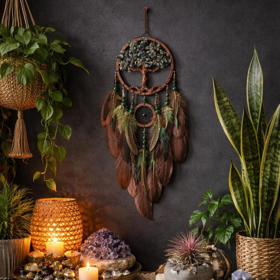 Tree of Life Dream Catcher, Green Jasper, Boho Wall Decor - Etsy