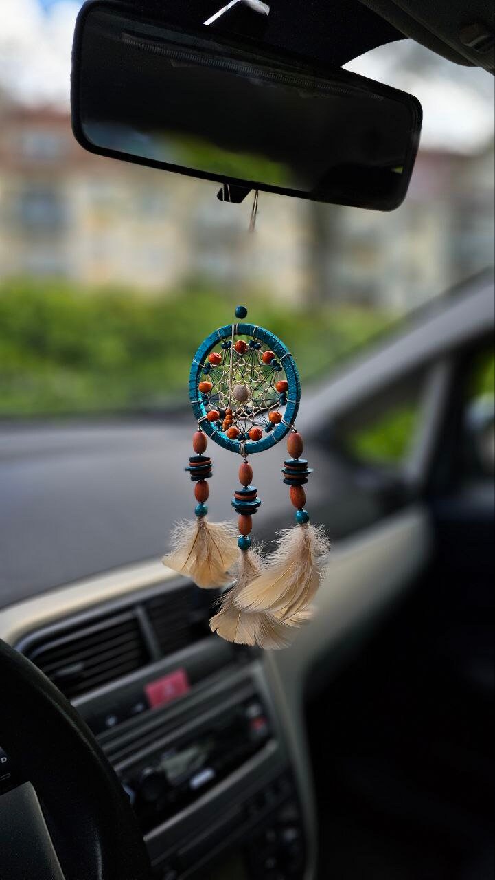 Car Rear View Mirror Dream Catcher Charm. Small Turquoise With Orange