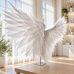 May include: A large, white, sculptural display of spread wings featuring layered, pointed feather-like segments. The structure is supported by a thin, vertical metal rod attached to a square, flat, brushed metal base, creating a freestanding display.