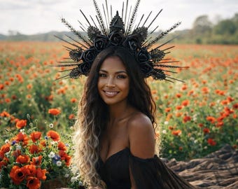 Black Roses Halo Crown Headpiece with Crystal Gems For Women Halloween Cosplay Amazon.com: Black Rose Skeleton Goddess Halo Crown Headband  main image 4