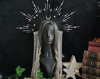 Krona med silvermåne och stjärnor, Svart silverhalo-krona, halo-huvudbonad, Månehalo-krona, halo-pannband, Happy Holidays-outfit-tiara