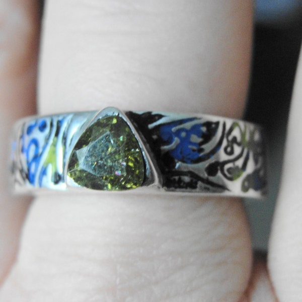 Silver Paisley Olivine Ring with Blue Green Patina