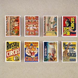 Juego de 8 CAJAS DE CERILLAS con varios carteles publicitarios de espectáculos de CIRCO, impresión estilo vintage, cerillas antiguas, soporte para cerillas