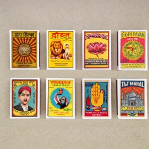set of 8 MATCHBOX various design from INDIA vintage style printing old matches match holder