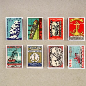 8er Set MATCHBOX BOOT Marine Design Vintage-Stil Druck alte Streichhölzer Streichholzhalter