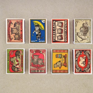 Juego de 8 cajas de cerillas con diseño de varios gatos, estilo vintage, con impresión de cerillas antiguas, portacerillas