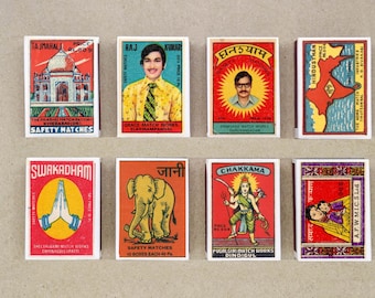 set of 8 MATCHBOX various design from INDIA vintage style set 2 printing old matches match holder