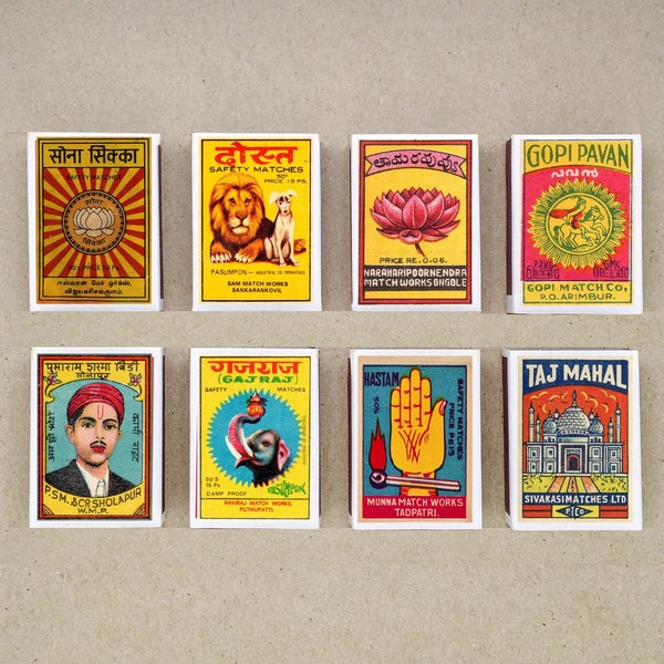 set of 8 MATCHBOX various design from INDIA vintage style printing old matches match holder