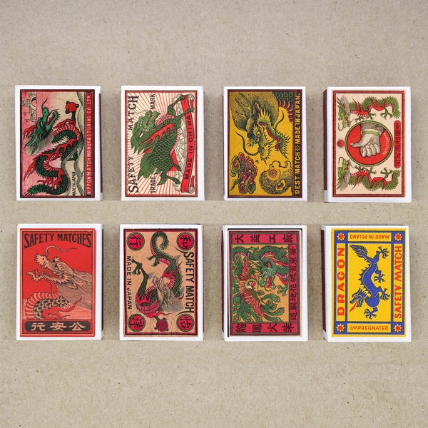 set of 8 MATCHBOX various DRAGON design vintage style printing old matches match holder