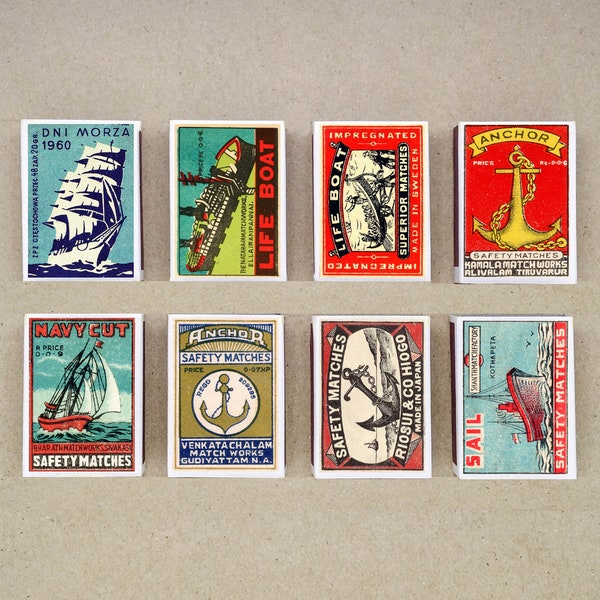 set of 8 MATCHBOX various BOAT ship navy design vintage style printing old matches match holder