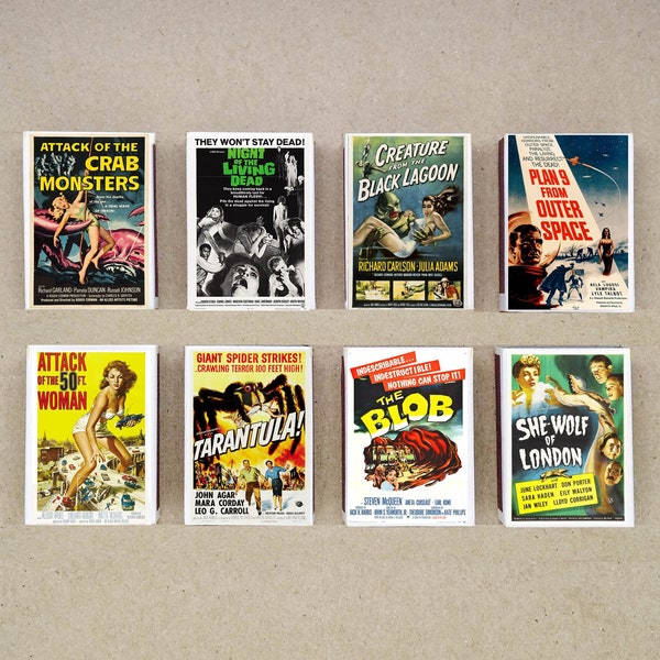 set of 8 MATCHBOX vintage classic B movies poster monster creature printing old matches match holder