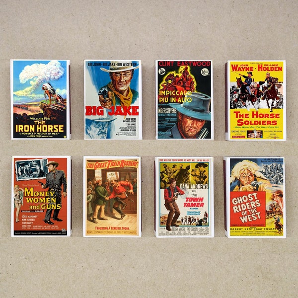 set of 8 MATCHBOX vintage classic western movies poster cowboy printing old matches match holder