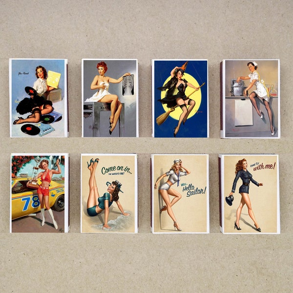 set of 8 MATCHBOX of pin-up vintage style printing old matches match holder