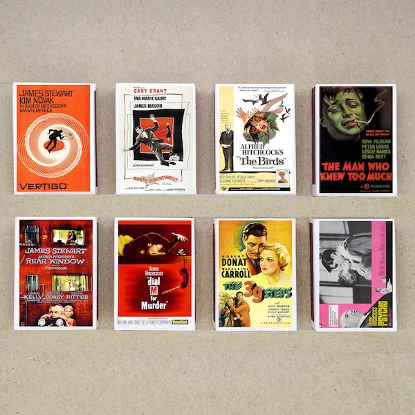 set of 8 MATCHBOX vintage classic hitchcock movies poster suspence thriller printing old matches match holder