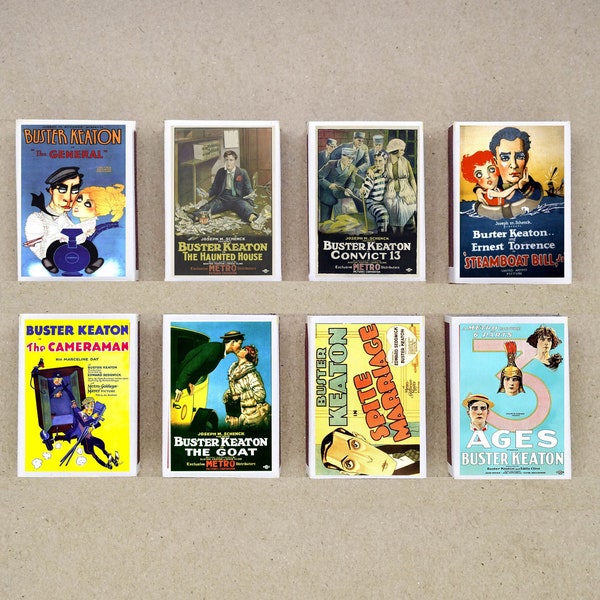 set of 8 MATCHBOX vintage classic Buster Keaton movies poster comedy printing old matches match holder